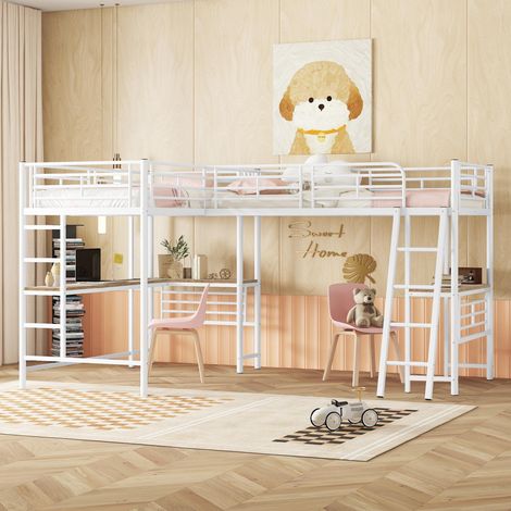 Lit mezzanine 90x200cm, deux lits superposés, table sous le lit, double escalier, rambarde haute, blanc, garantie 2 ans