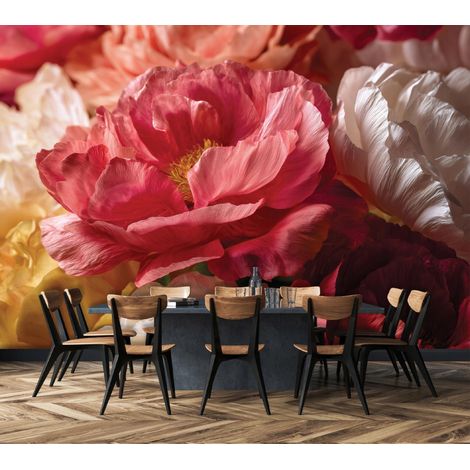Fototapete Blumen Pfingstrosen Rosen, für Wohnzimmer und Schlafzimmer, 350 x 250 cm – Komplettset inkl. Kleister & Anleitung (1/5)