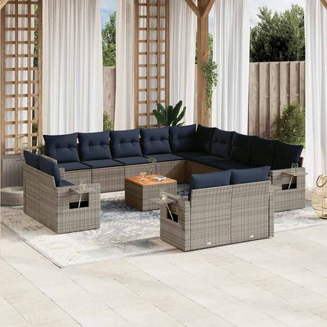 Salon de jardin modulable 14 pcs en résine tressée grise avec coussins bleu marine - PANGIVO (1/5)