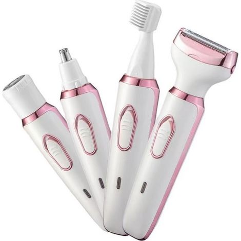 4-in-1 Akku-Haarentfernungsset, multifunktionaler Augenbrauentrimmer und Rasierer für Gesicht und Körper, wasserfeste Scherköpfe, Weiß-Roségold (1/5)