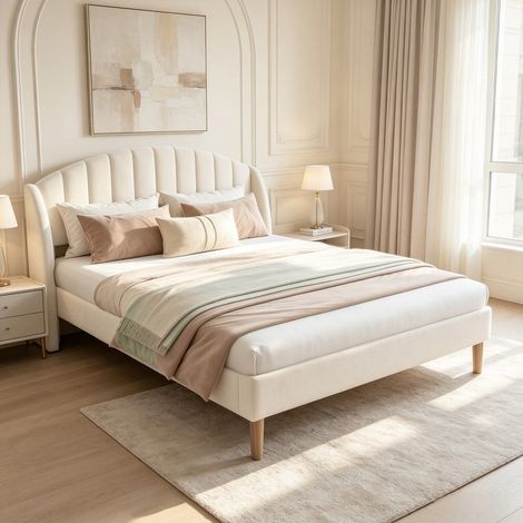 Lit rembourré double 140x190 cm, tête de lit côtelée, sommier à lattes en bois,Design scandinave, velours,Beige (1/5)