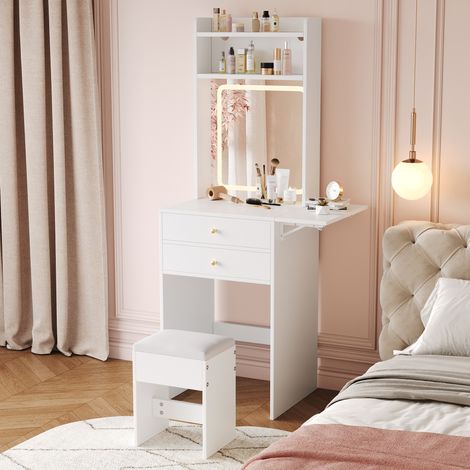 Coiffeuse compacte avec éclairage LED réglable, 1 tabouret, 2 tiroirs, MDF blanc DESVIAE (1/5)