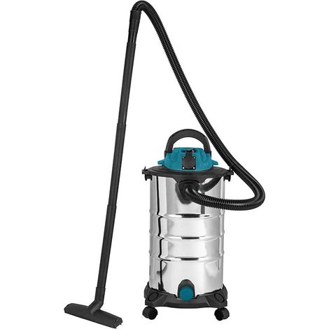 Bidone aspirasolidi e liquidi 30 lt, potenza 1200w, con fusto in acciaio inox e presa per elettroutensili, incluso tubo flessibile, spazzola per aspiratore, filtro, foro uscita liquidi