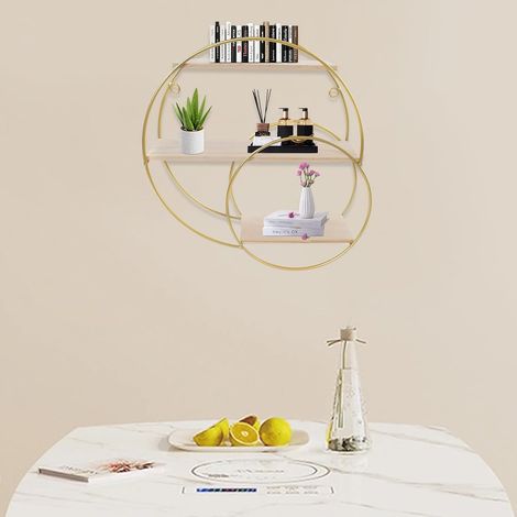 Étagères Murales à 3 Niveaux Ronde Doré Présentoir de Rangement Charge Capacité 5kg Étagère de Rangement pour Salons, Chambres, Cuisines, Entrées, Bureaux et Autres Pièces (1/5)