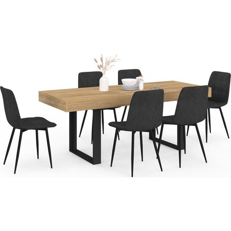 Set ausziehbarer rechteckiger Esstisch PHOENIX 4-8 Personen aus Holz und schwarz 160 - 200 cm und 6 Stühle MILA aus schwarzem Sa (1/5)