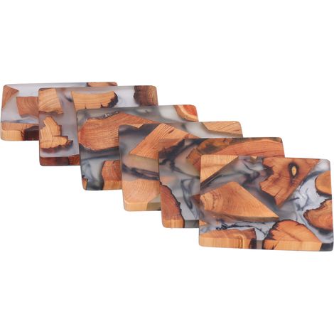 Dessous de verre en bois de pin, service à thé Kung Fu, plateau à thé, pichet à thé, base isolante, objets en résine, service à thé créatif, dessous de verre carrés de forme aléatoire (6 pièces) (1/5)
