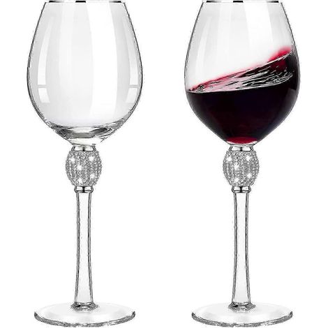 Ensemble de 2 verres à vin rouge ornés de strass sur le bord, verres à vin en forme de tulipe à pied long, verrerie de mariage, référence SZRH A-S2337 2025 (1/5)