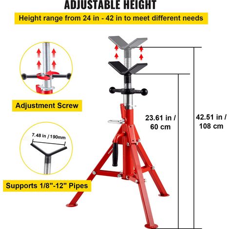 Support de tuyau à tête en V 1/8"-12", hauteur réglable 610-1067 mm, 1134 kg, portable pliable, acier au carbone durable (1/5)