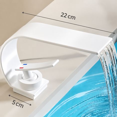 Mitigeur Lavabo Cascade Grande Courbure Blanc Crème avec Tuyaux Robinet Salle de Bain Eau Chaude Froide Cartouche Céramique 25 × 19 × 7 cm – Livraison gratuite