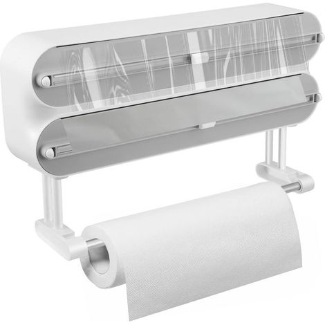 Dispenser 3 in 1 per fogli di alluminio e pellicola, dispenser da parete per asciugamani di carta da cucina, dispenser per pellicola alimentare, taglierina magnetica per capsule con porta asciugamani (1/5)