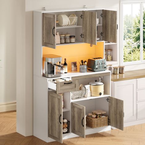 MODFU – Aparador de cocina 110x40x180 cm de MDF con LED RGB, enchufes USB, 6 puertas, cajón y carga 60 kg – Blanco/natural (1/5)