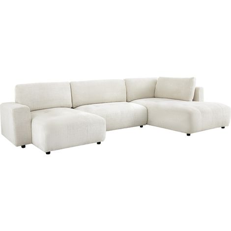 Grande divano angolare destro panoramico in tessuto ciniglia beige - CELARO
