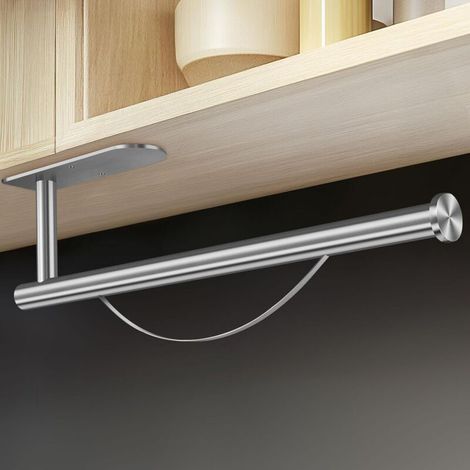 Porta rotolo di carta assorbente da parete in acciaio inox, senza foratura, con freno – Autoadesivo, da installare sotto il pensile (Argento)