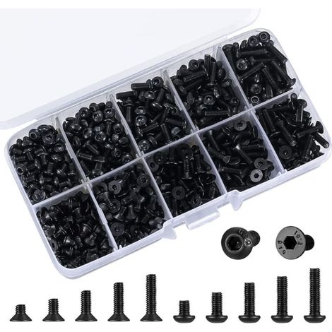 CSPARKV 720 Pièces M3 Vis à Tête Hexagonale, Vis Mécaniques à Tête Fraisée, Vis à Tête Plate pour Machine Métrique dImprimante 3D, 4 mm/6 mm/8 mm/10 mm/12 mm (M3 noir) (1/5)