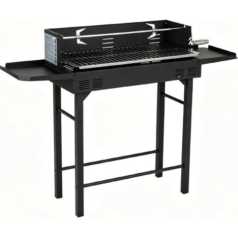 Barbecue à charbon noir sur chariot avec grille réglable 73 x 34 cm, étagères et tournebroche pour jardin, terrasse et plein air