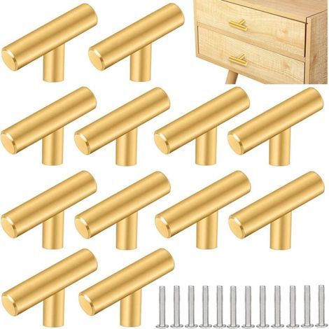 12 PCS Poignee de Meuble Cuisine Acier Inoxydable 50 32mm Poignée Meuble T Bouton de Porte Argenté Boutons de Tiroir Monotrou en T Bouton de Meuble avec 12 Vis pour Armoire Porte Placard, Or (1/5)