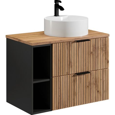 Meuble de salle de bain suspendu strié avec niches et vasque à poser ronde - Naturel clair - L80 cm - MADELA (1/4)