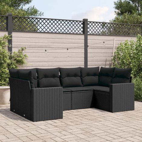 Ensemble de canapé de jardin 6 pièces avec coussins, en polyrotin noir (1/3)