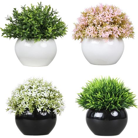 Lot de 4 plantes artificielles vertes en pot rond céramique blanche – Décor intérieur sans entretien pour bureau, chambre, cuisine, salle de bain – Faux feuillage réaliste pour étagère (1/5)