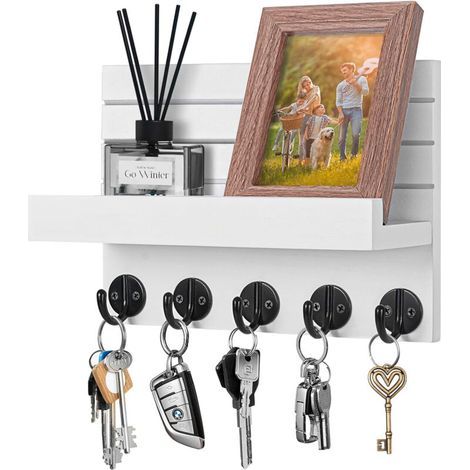 Porte - clés et courrier mural en bois, 5 crochets, pour salon, salle de bain, cuisine, entrée et couloir- Blanc (1/4)