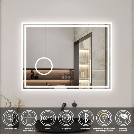 Biubiubath 800x600mm Bathroom Mirror with 3 Colour Lights Manifier+Bluetooth Speaker+Clock+Anti-fog (1/5)