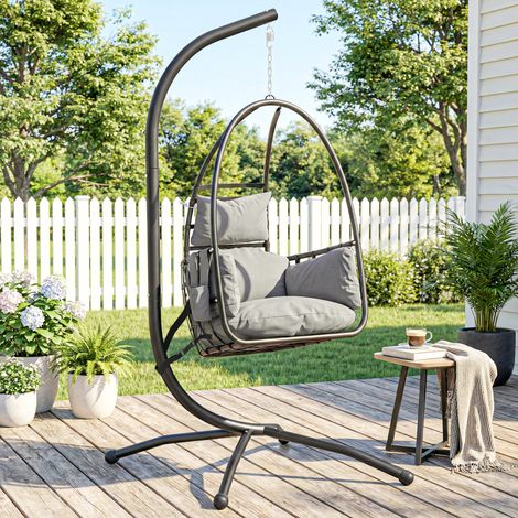 Silla Colgante Huevo con Soporte Cesta Plegable Reposacabezas Cojín Bolsillo Lateral Carga 120 kg Gris Oscuro (1/5)