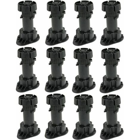 Lot de 12 Pied Réglable pour Meuble Pieds pour Armoire en Plastique avec Clip Fixation Base Hauteur 120 à 150mm (1/4)