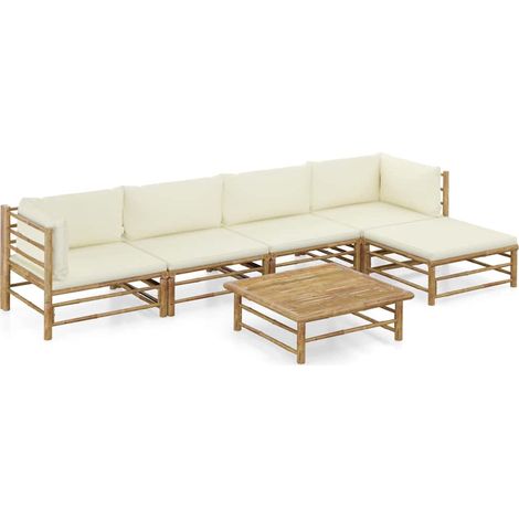Salon de jardin 6 pcs Ensemble Table et Chaise de Jardin - avec coussins blanc crème Bambou BV761920 - BonneVie (1/5)