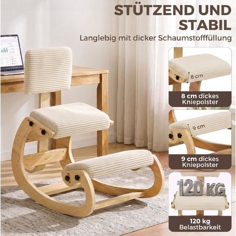 Silla ergonómica de rodillas con respaldo y balanceo suave, tapizado crema en terciopelo acanalado, para escritorio, teletrabajo y meditación – CHICFURN (1/5)