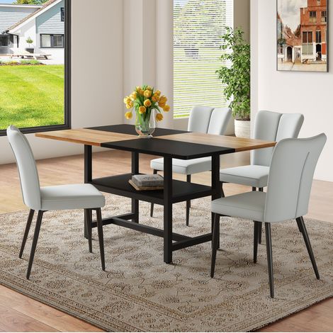 Conjunto de comedor rectangular 160 cm con almacenaje, 4 sillas PU gris claro, MDF y metal (1/5)