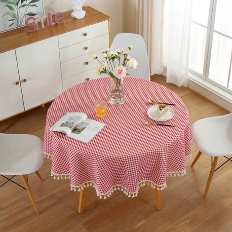 Nappe ronde à franges de 150 cm, en polyester et coton, pour table à manger, table basse, table de jardin (à carreaux rouges) (1/4)