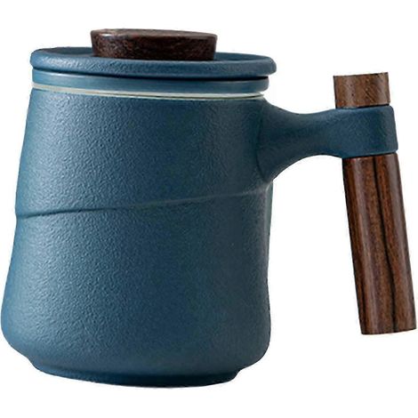 Teebecher mit Deckel, 390 ml, Retro-Keramik, mit Teesieb, Holzgriff zum Aufbrühen von losem Tee, Geschenkverpackung-Blue (1/5)