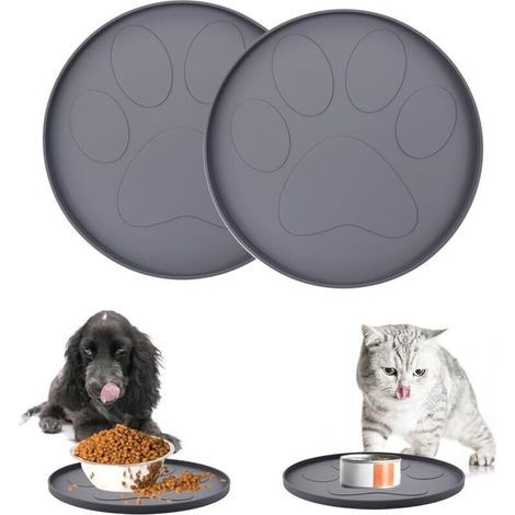 2 Pcs Tapis Gamelle Chien, Tapis d’Alimentation pour Chat en Silicone, Tapis de Gamelle Ronde de 28 cm, Petit Tapis pour Gamelle Chat et Chien (Gris) (1/4)