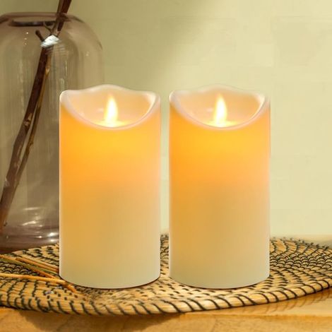 Lot de 2 bougies d'extérieur étanches avec lumière LED, sans fil et sûres, 7,5 x 15 cm, bougie LED clignotante, minuterie et fonctionnement sur piles, plastique, EL (1/5)