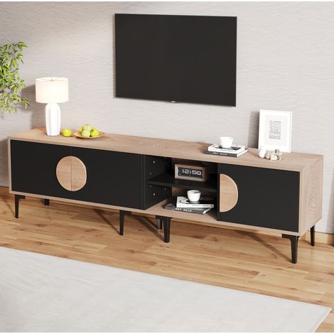 Mueble TV FloraGrace 180 x 35 x 49 cm de paneles de madera, negro y madera natural (1/5)