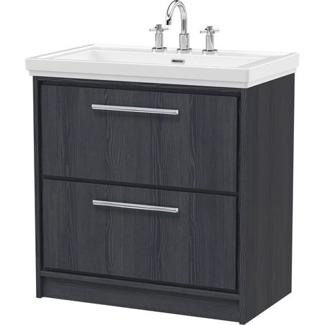 Longnor 2 Drawer Floor Standing Vanity Unit with 3 Tap Hole Traditional Fireclay Basin, Woodgrain Graphite Grey, 800mm (1/4)