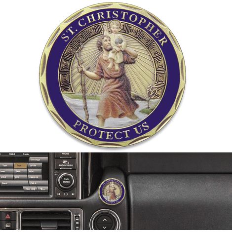 Saint Christophe Plaques de Voiture Ø 4cm Médaille Saint Christophe Protège-Nous Reviens Sain et Sauf Cadeau avec 1 Aimant en Fer et 3 Autocollants Double Face Multicolore (1/5)