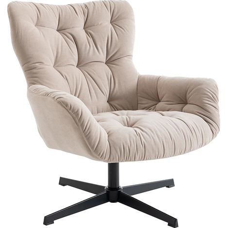 Vente-Unique – Fauteuil pivotant en tissu beige – 1 place – Piètement métal – Confort optimal – Effet capitonné vintage – Dimensions 83x87x83 cm (1/5)