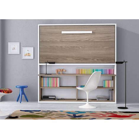 Lit escamotable horizontal 90x190 cm avec rangement et bureau Laura - Matelas Sans matelas - Façade Blanche - Coffrage Chêne 3D (1/5)