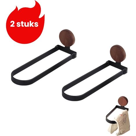 Porte-serviettes de salle de bain 2 pièces - Fixation murale sans perçage - Barre porte-serviettes pliable - Noir (1/5)