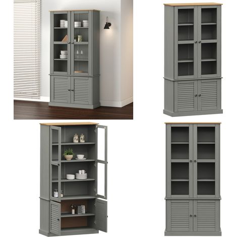 Vitrine en verre VIGO gris 85x35x170 cm bois massif de pin - Bibliothèque Murale - Bibliothèque Design - Meuble Rangement - Vitrine Bois - Buffet Vintage - Home & Living (1/5)