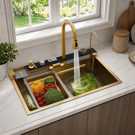 Évier de cuisine en acier inoxydable, 75 x 46 x 22cm, avec indicateur LED, bac simple grand volume, robinet cascade extensible, trop-plein et bonde ainsi que divers accessoires (1/5)