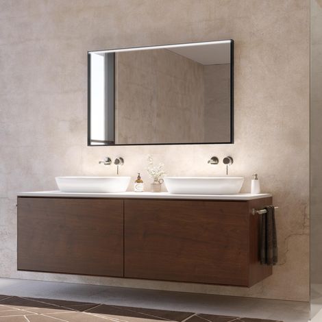 Miroir mural rectangulaire éclairé avec cadre noir – Dimensions 70x75 cm – Miroir 3 mm avec antifondant – Installation facile avec chevilles – Foxydry (1/5)