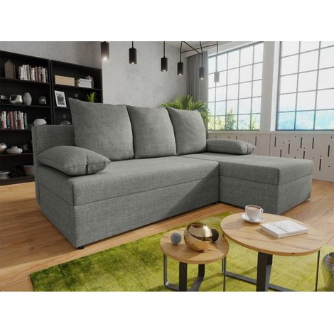 Tendencio – Canapé d'angle convertible gris clair – Longueur 204 cm – Largeur 142 cm – Surface de couchage 201x130 cm – Coffre de rangement intégré