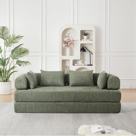 Canapé-lit modulable 4-en-1 vert en tissu, dossier réglable, 4 configurations, convertible, espace détente, couchage ou coin pour animaux, 4 coussins inclus, sans montage – CHICFURN (1/5)