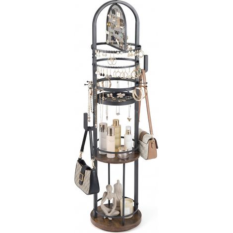 Support de Bijoux sur Pied Rotatif à 360° , Présentoir à Bijoux avec Porte-Boucles d'Oreilles, Colliers et 3 Étagères, Arbre de Rangement, Marron (1/5)