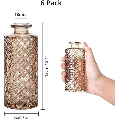 Lot de 6 vases en verre ambré de style diamant pour fleurs et décoration de table, motifs rustiques vintage en relief, parfaits pour les mariages et les réceptions