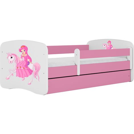 Kinderbett 70 × 140 cm mit Schublade und Rausfallschutz mit Matratze rosa Motiv Prinzessin auf dem Pferd (1/5)