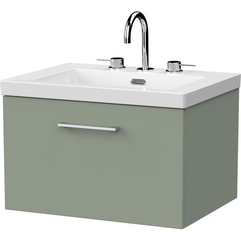 Pershall Contemporary Wall Hung 1 Drawer Vanity Unit with 3 Tap Hole Fireclay Basin, 600mm, Reed Green