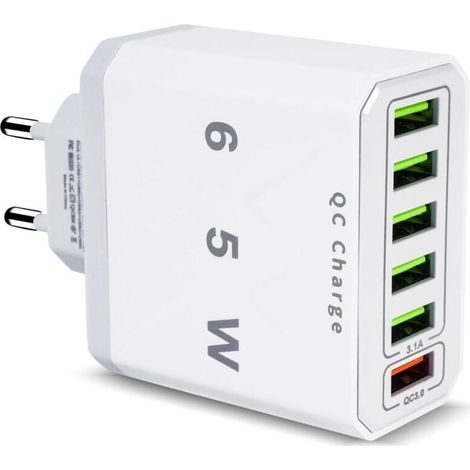 Chargeur USB Multiple, 65W 6 Ports USB Chargeur Rapide avec QC 3.0 Smart Fast Charger, Universel Adaptateur Secteur USBA Chargeur pour 15 Pro Max 14 Plus 13 12 11 SE XR, iPad, Samsung (1/4)